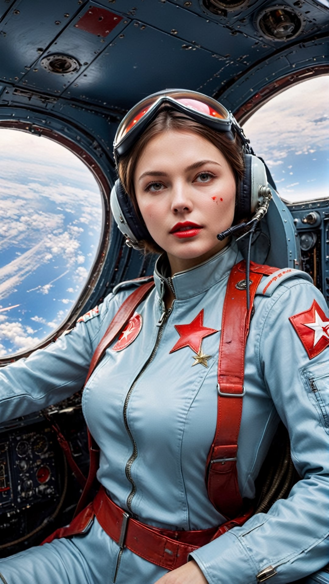 4masterpiece, best quality, ultra high resolution, visually stunning, beautiful, award-winning art (abstract art: 1.3), beautiful ))), A very beautiful Russian soviet female comunismpunk pilot in the cockpit of a space fighter in the distant future. A wounded woman in a flight suit covered in blood leads a space fight,more detail XL,More Detail