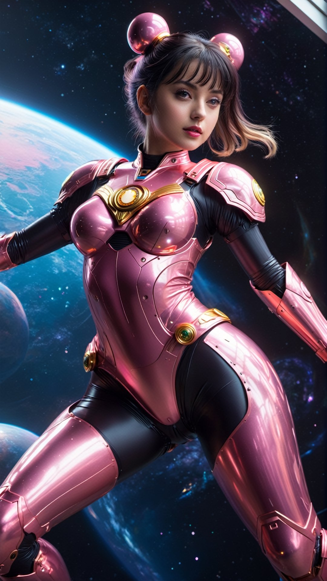 1(wide_angle _view, full_body_shot), (zero gravity, weightlessness, floating in space, floating_hair), Beautiful sailor moon saturn in a pink reflective robotic suit, cyborg style, Xenia Tchoumitcheva/Franziska Knuppe hybrid, (in space, stars, space battle, starships, light rails, light particles), 8k resolution concept art portrait by Greg Rutkowski, Artgerm, WLOP, random neon holographic, prismatic, dynamic lighting hyperdetailed intricately detailed Splash art trending on Artstation Unreal Engine 5 volumetric lighting golden ratio dynamic lighting retrofuturism cyberpunk 8k resolution synthwave vaporwave solarpunk futuristic retrofuturism,