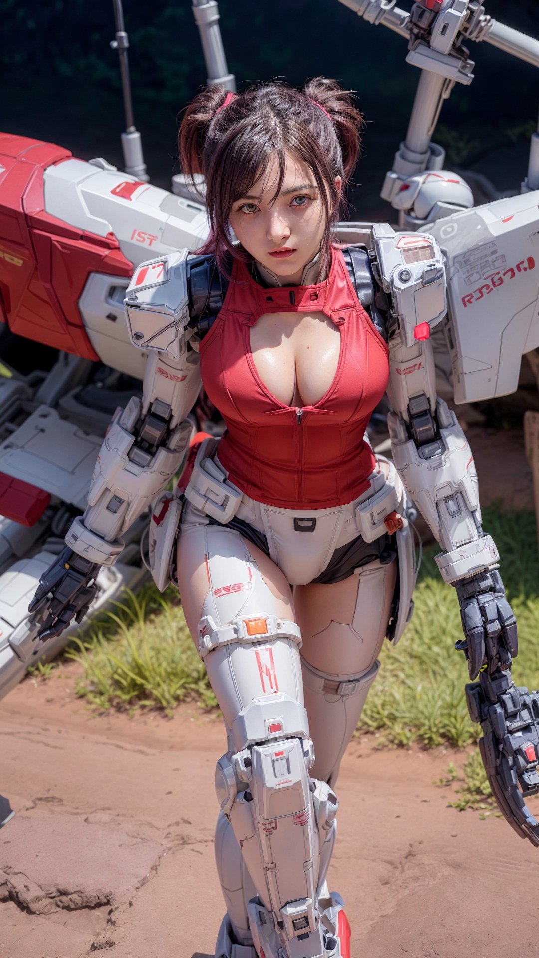 Super Sexy Superheroines, ultra-detailed, 
((High resolution)),((high detailed)), cowboy shot, photorealistic, masterpiece, official art, futuristic space background, blur backgound,
raw photo, best quality, 8k resolution, 
sole_female, character focus, 22 years old, pink hair, ponytail hair, two buns, resemble  Asuka Langley, mecha, mechanical girl, red exosuit, neon genesis evangalion, mechanical pilot suit, beautiful eyes, (delicate face), perfect detail, perfect feet, sexy legs, medium breast, nice boobs, lots of exposed skin, full body, cleavage cutout
cinematic lighting, dark studio, ((hyper detailed face)),((hyper detailed eyes)),(((exposed thighs))),mecha musume