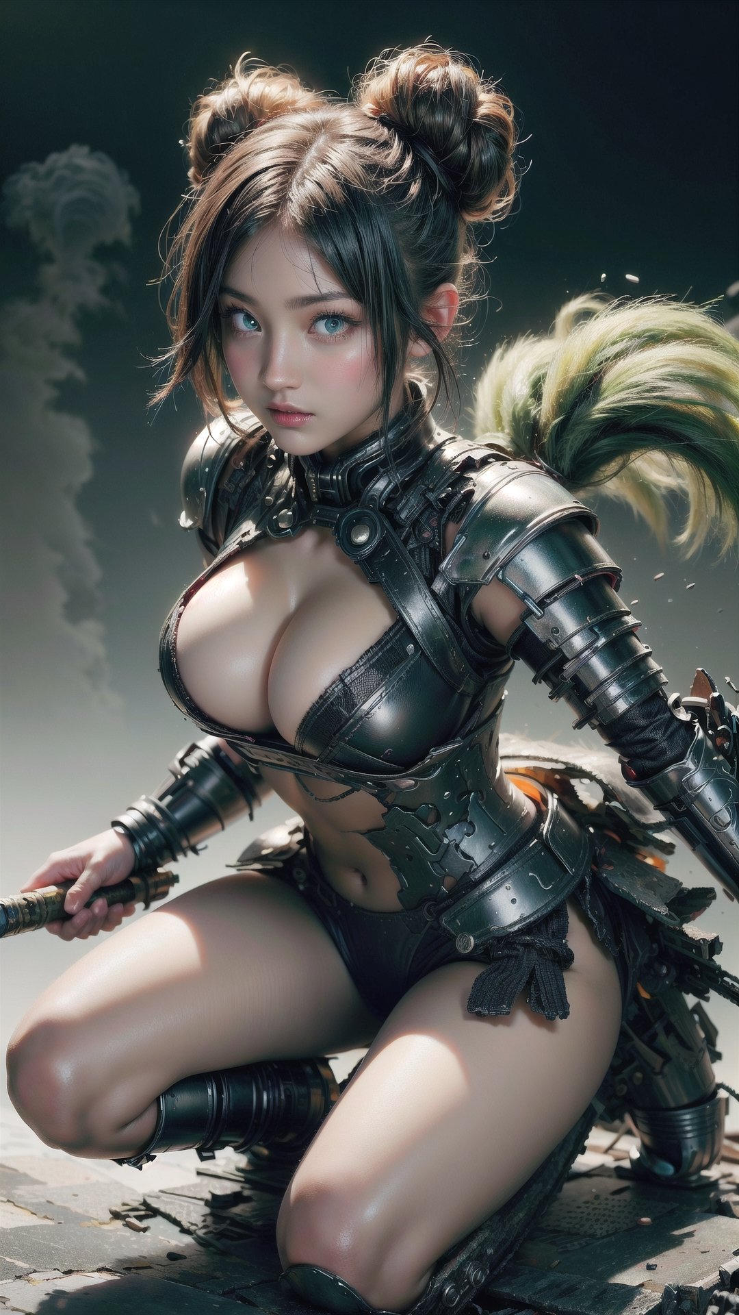 Super Sexy Superheroines, ultra-detailed, 
((High resolution)),((high detailed)), cowboy shot, photo realistic, masterpiece, official art, old city background,
raw photo, best quality, 8k resolution, 
sole_female, character focus, 24 years old, green hair, short hair, two buns, samurai girl, green samurai armor suit, beautiful eyes, (delicate face), perfect detail, perfect feet, sexy legs, medium breast, nice boobs, lots of exposed skin, full body, holding big sword, prepare to fight, cleavage cutout, torn clothing, torn armor, ripped armor, damaged armor, dirty armor, wounded face, dirty face,
cinematic lighting, dark studio, ((hyper detailed face)),((hyper detailed eyes)),(((exposed thighs))),samurai musume