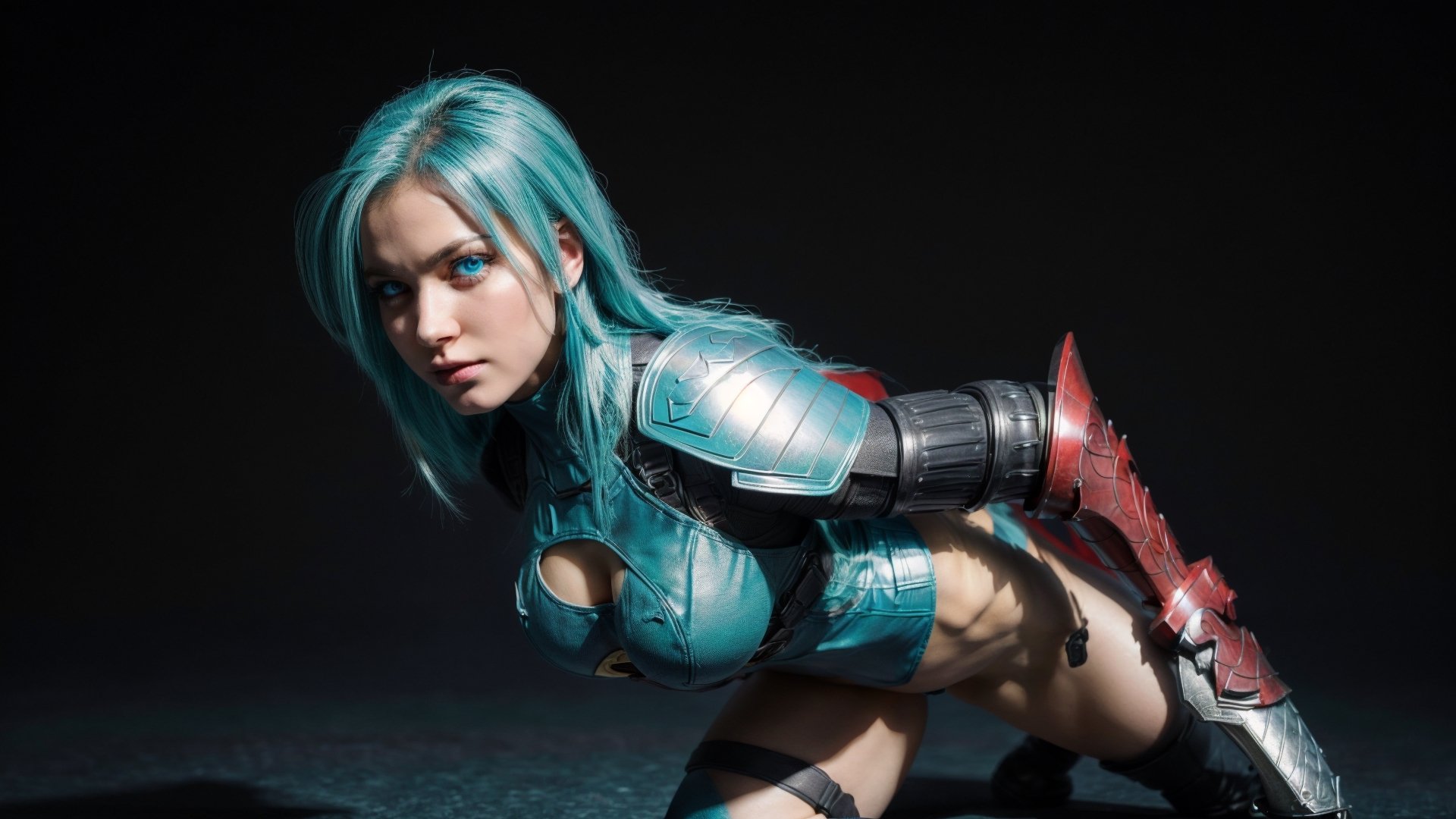 super sexy superheroines, centered, full body, | aqua hair color, light blue eyes, | super Sexy girl in full body platinum armor, armored thighs, pauldrons, wielding a sword | (simple background, black background:1.2),sophitia_whitedress_aiwaifu,cammy_green_bodysuit_aiwaifu