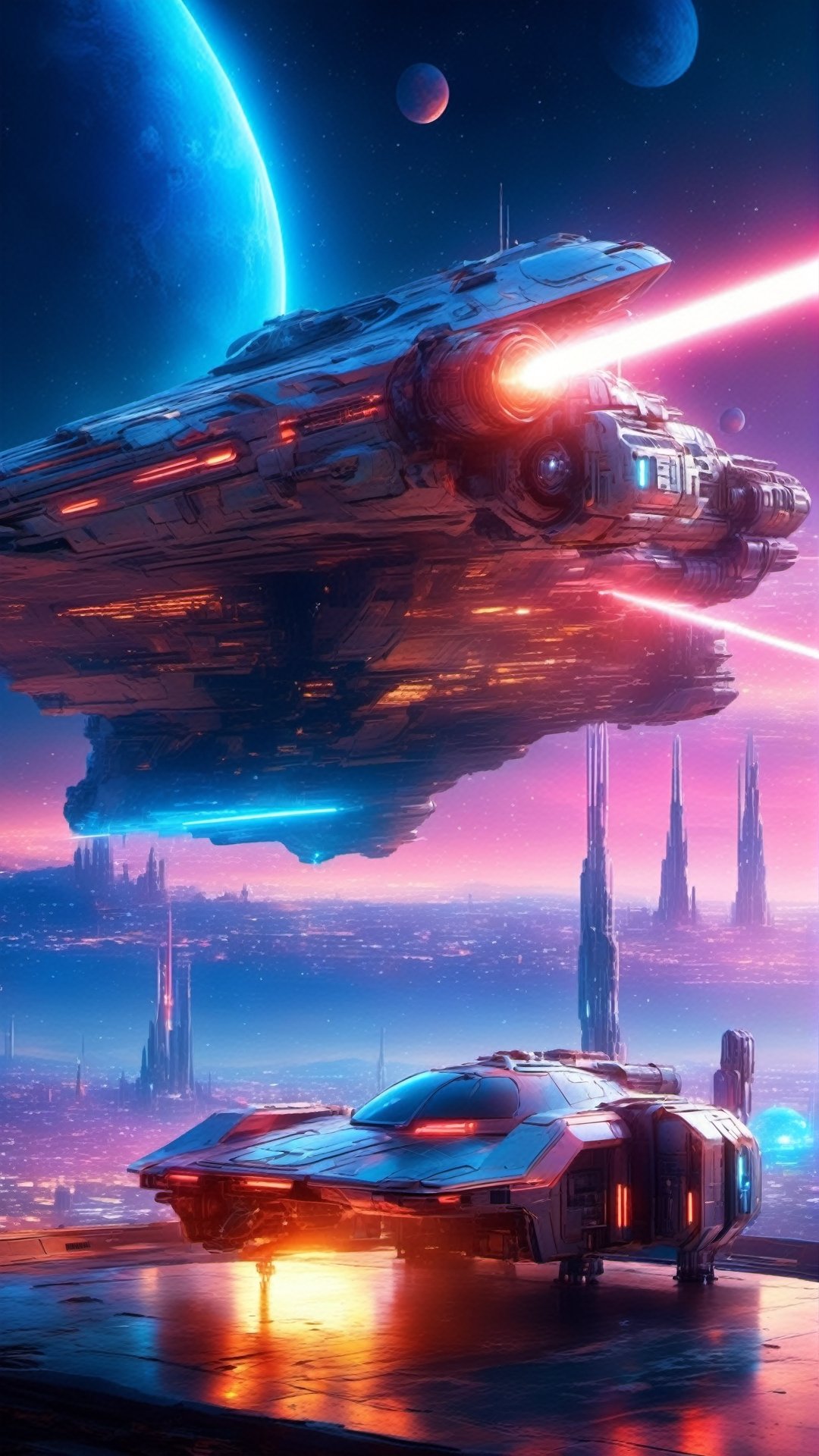 ((High resolution)),((high detailed)),  photorealistic, masterpiece, official art, futuristic space background, blur backgound,
raw photo, best quality, 8k resolution, Spaceship , star wars, neon light, laser cannon, earth background,atai,mecha