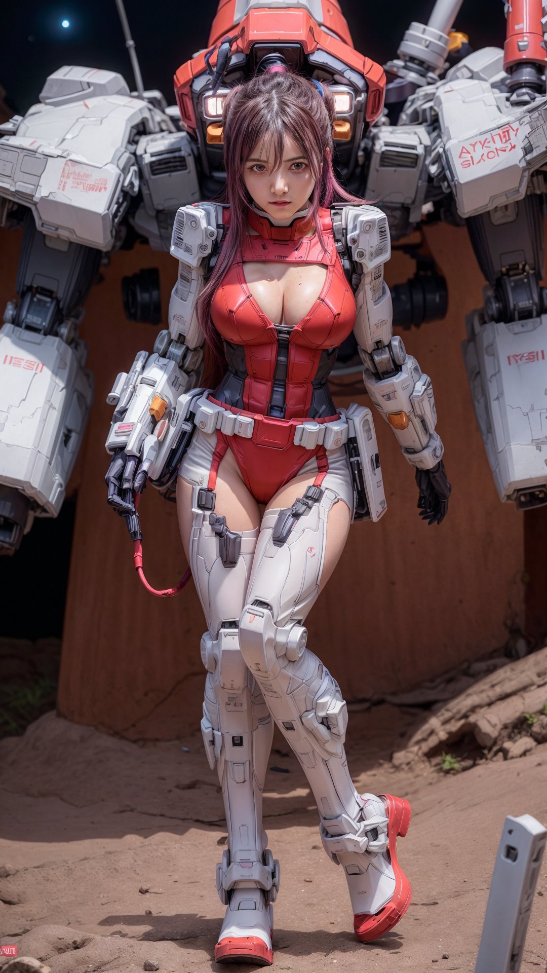 Super Sexy Superheroines, ultra-detailed, 
((High resolution)),((high detailed)), cowboy shot, photorealistic, masterpiece, official art, futuristic space background, blur backgound,
raw photo, best quality, 8k resolution, 
sole_female, character focus, 22 years old, pink hair, ponytail hair, two buns, resemble  Asuka Langley, mecha, mechanical girl, red exosuit, neon genesis evangalion, mechanical pilot suit, beautiful eyes, (delicate face), perfect detail, perfect feet, sexy legs, medium breast, nice boobs, lots of exposed skin, full body, cleavage cutout
cinematic lighting, dark studio, ((hyper detailed face)),((hyper detailed eyes)),(((exposed thighs))),mecha musume