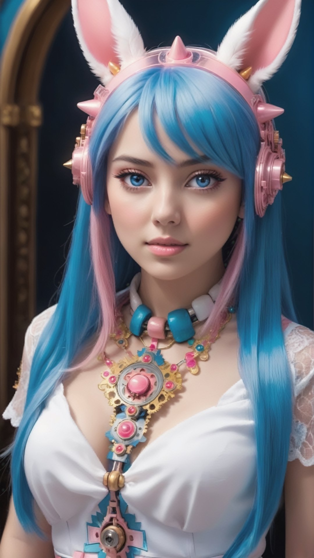 (masterpiece, top quality, best quality, official art, beautiful and aesthetic:1.2), (1 girl:1.4), Upper body portrait of a stunning and captivating character with (pink|blue hair:1.5), meticulously detailed in a mesmerizing and colorful (fractal art:1.3) style, featuring the highest level of detail and showcasing intricate (Mechanical modification:1.5).,bunnytech,ritsu______co