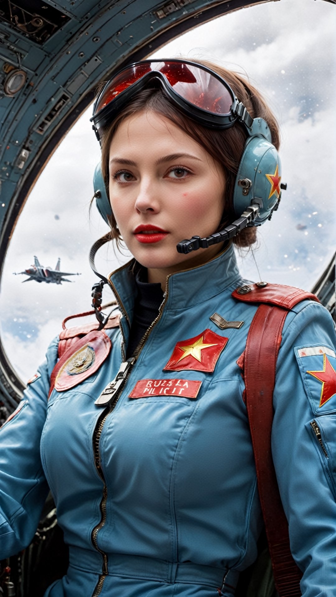 4masterpiece, best quality, ultra high resolution, visually stunning, beautiful, award-winning art (abstract art: 1.3), beautiful ))), A very beautiful Russian soviet female comunismpunk pilot in the cockpit of a space fighter in the distant future. A wounded woman in a flight suit covered in blood leads a space fight,more detail XL,More Detail