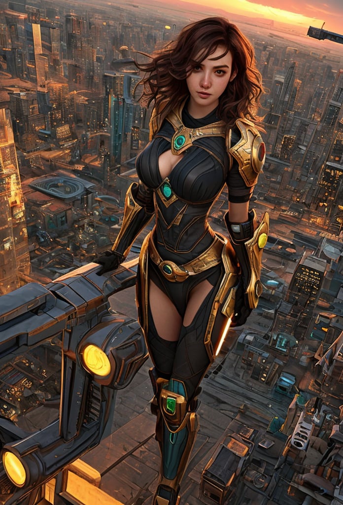 (masterpiece, top quality, best quality, official art, beautiful and aesthetic:1.2), (1girl), extreme detailed,(fractal art:1.3), colorful, highest detailed, r1ge, A photo of a sexy 16-year-old girl floating around in an erotic futuristic mechanical suit, ((neon)), full body, fortn view, look at view, nude, short hair, ginger hair, ((wavy hair)), hair ornament, perfect detail, perfect feet, sexy legs, open legs, medium breast, nice boobs, lots of exposed skin, full body, prepare to fight, cyborg head gear, cleavage cutout, torn clothing, torn armor, ripped armor, damaged armor, dirty armor, wounded face, dirty face, futuristic ruined city in the background, sunset light in the distance, The general atmosphere is mildly sad but peaceful, transparent bodystocking, mecha, zoom out, high angle view,Arial view,transparent bodystocking,sivir,perfecteyes,3DMM