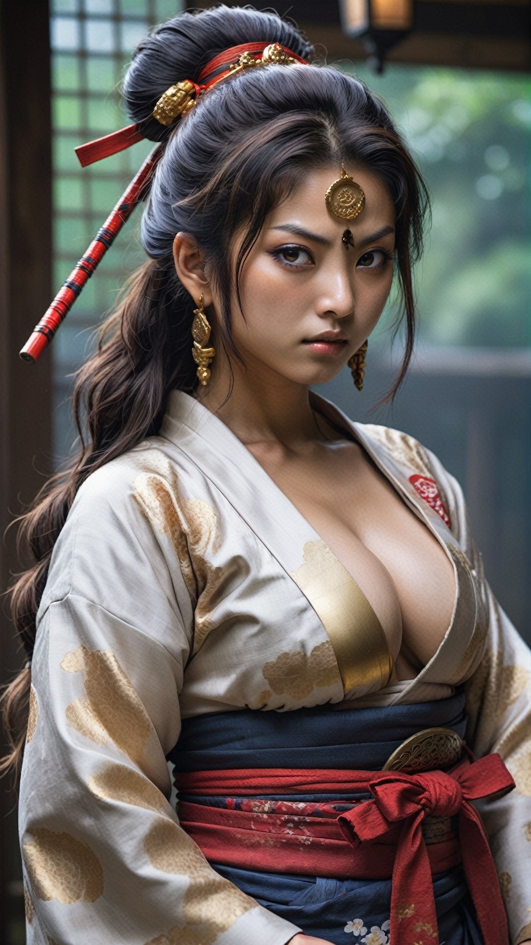 3ultra Detailed,Realistic, Worn and dirty soiled male kimono,dirty skin,bathed blood, 1 beautiful young Girl, handsome and strong Arabian Girl,gigantic breast,(Cleavage),(curvy body),dark skin,Chakra,Indian Jewelry,nose piercing,luxury golden necklacs, Japan Medieval age foreigne,hakama,Japanese style gaiter,fight pose,Japanese bow, ,A Arabian SAMURAI Girl who has fought on the battlefield for a long time and considers the honor of a samurai to be his first priority,