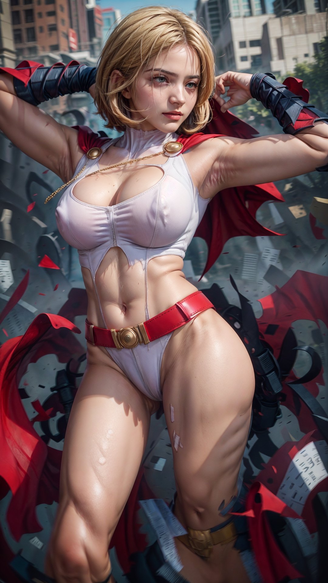 Realistic, (masterpiece 1.4), (Ultra HD quality), (8k HDR quality), 1girl, solo, hitech armor, Hi-Tech web shooter, torn armor, dirty armor, ripped armor, wounded face, nipple erect, looking at viewer, sagging breasts, sharp eyes, deadly look, ,powergirl, boob window, white leotard, blonde hair , bob haircut, red belt , red cape,
