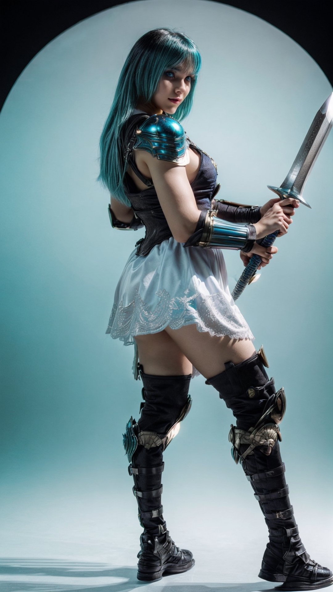 super sexy superheroines, centered, full body, | aqua hair color, light blue eyes, | super Sexy girl in full body platinum armor, armored thighs, pauldrons, wielding a sword | (simple background, black background:1.2),sophitia_whitedress_aiwaifu