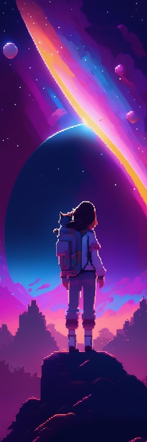 Pixel-Art Adventure featuring a Girl: and a Cat Pixelated girl character, vibrant 8-bit environment, reminiscent of classic games.,Leonardo Style 
((Full Moon)) Planets (((Night Sky)))