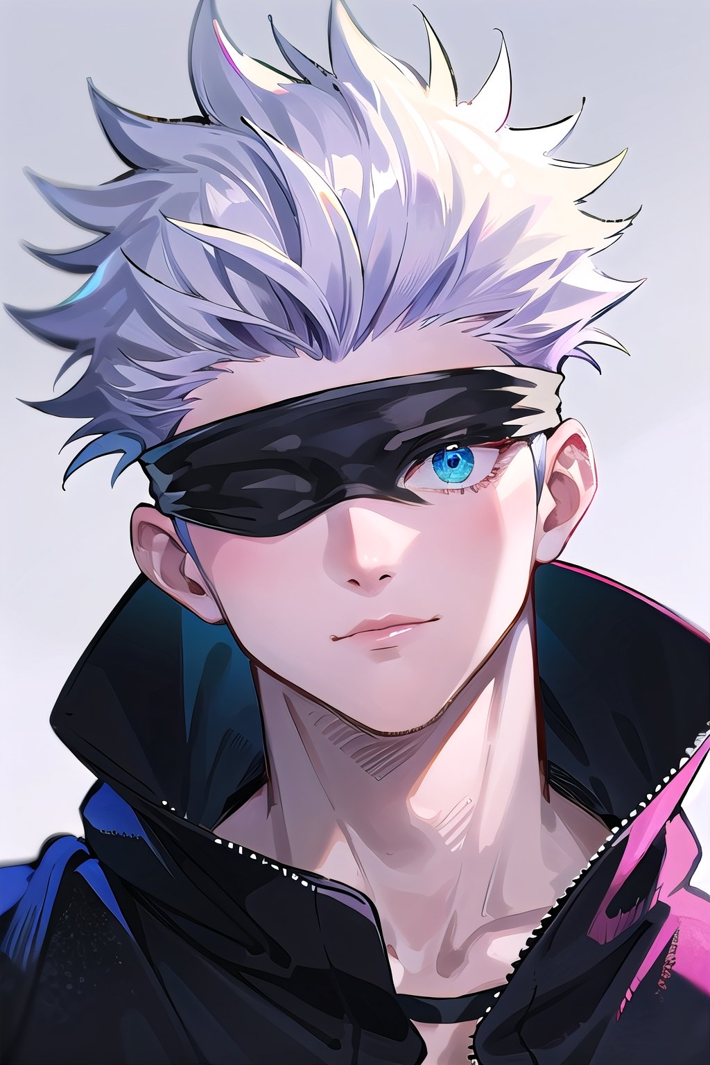 1boy, face boy 4k, beautiful face, bright face, (masterpiece), best quality, high resolution, highly detailed, ((Beautiful Face man)), high_resolution_face, ((Beautiful eyes)), Blue Eyes, purple Hoodi shirt, Gojo Satoru | Jujutsu Kaisen,SATORU GOJO ,SATORU GOJO,Blindfold,Black Jacket