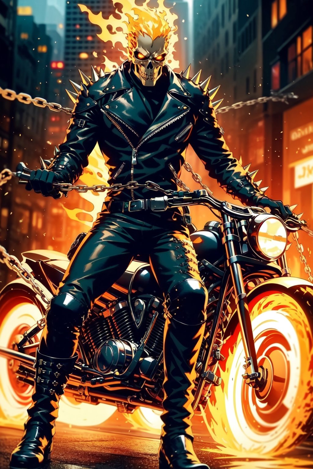 solo, open mouth, blonde hair, gloves, 1boy, male focus, boots, black gloves, armor, chain, fire, ground vehicle, motor vehicle, spikes, skull, motion blur, leather, spiked bracelet, motorcycle, leather jacket, shoulder spikes, biker clothes