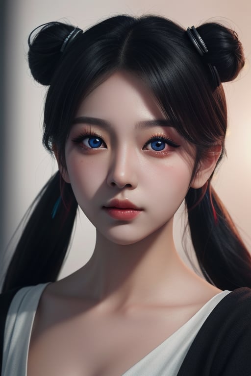 masterpiece, best quality, 1girl, (colorful), (finely detailed beautiful eyes and detailed face), cinematic lighting, bust shot extremely detailed CG unity 8k wallpaper, black hair, twin tail, pony hair, korean makeup, red pupils, asian face