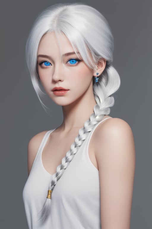 white hair, braided ponytail, blue eyes, hair ornaments, hair over one eyes