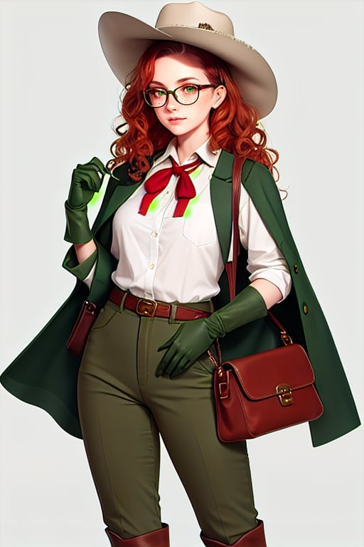 Beautiful white slim young woman with red-clair wavy hair and 
freckles around her nose and cheeks with green olive eyes dressing a fancy western clothes with  brown boots, green olive hat, green olive pants, green olive gloves and a white rolled up shirt with a little brown handkerchief around her neck wearing glasses and having old western bag hanging from her shoulder and little bags on her belt 