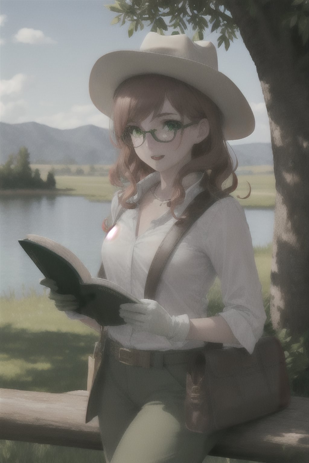 Beautiful white slim young woman with red-clair wavy hair and 
freckles around her nose and cheeks with green olive eyes dressing a fancy western clothes with  brown boots, green olive hat, green olive pants, green olive gloves and a white rolled up shirt with a little brown handkerchief around her neck wearing glasses and having old western bag hanging from her shoulder and little bags on her belt reading a book under a tree near a little lake 