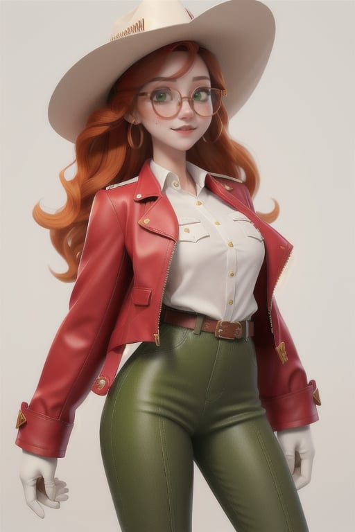 Beautiful white slim young woman with red-clair wavy hair and 
freckles around her nose and cheeks with green olive eyes dressing a fancy western clothes with red pants boots  gloves and western hat and white rolled up shirt with red jacket with glasses 