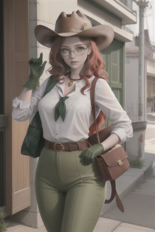 Beautiful white slim young woman with red-clair wavy hair and 
freckles around her nose and cheeks with green olive eyes dressing a fancy western clothes with  brown boots, green olive hat, green olive pants, green olive gloves and a white rolled up shirt with a little brown handkerchief around her neck wearing glasses and having old western bag hanging from her shoulder and little bags on her belt 