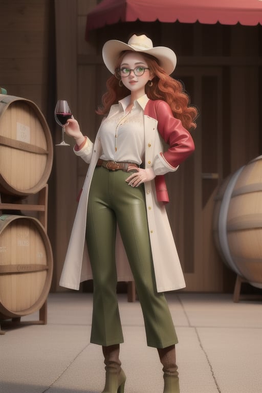 Beautiful white slim young woman with red-clair wavy hair and 
freckles around her nose and cheeks with green olive eyes dressing a fancy western clothes with wine pants, wine gloves, wine boots with a bit of heels and western wine hat with a white rolled up shirt with red jacket with glasses 