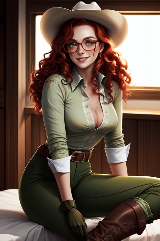 Beautiful white slim young woman with red but clair wavy hair and 
freckles around her nose and cheeks with gree olive eyes dressing a fancy western clothes with green pants brown boots  gloves and western hat and white rolled up shirt with glasses with a little smile 