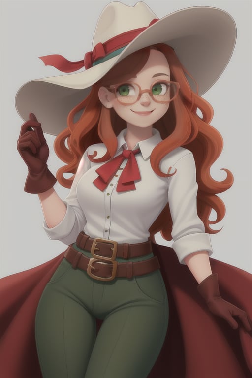 Beautiful white slim young woman with red but clair wavy hair and 
freckles around her nose and cheeks with gree olive eyes dressing a fancy western clothes with green pants brown boots  gloves and western hat and white rolled up shirt with glasses with a little smile 