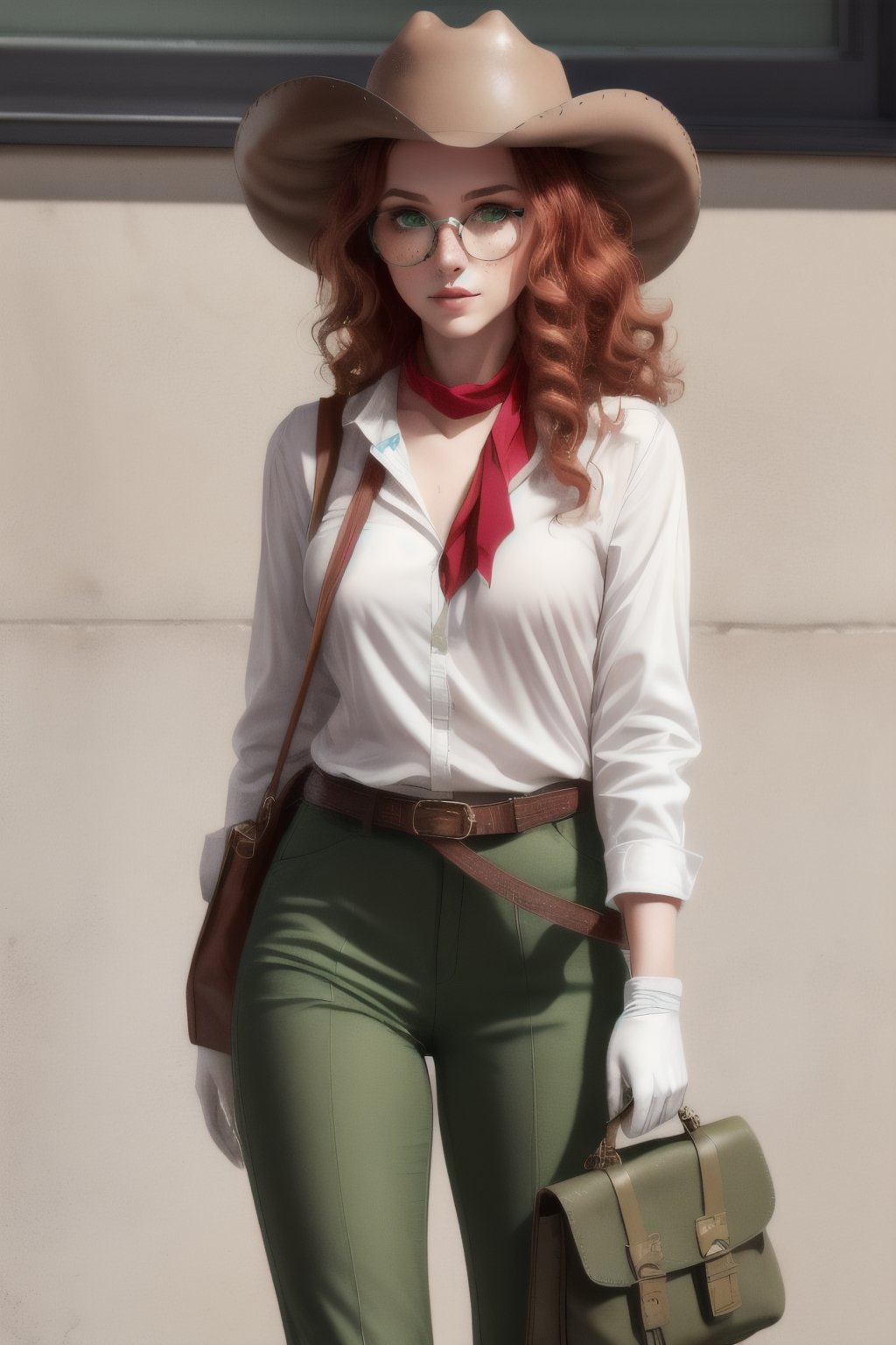 Beautiful white slim young woman with red-clair wavy hair and 
freckles around her nose and cheeks with green olive eyes dressing a fancy western clothes with  brown boots, green olive hat, green olive pants, green olive gloves and a white rolled up shirt with a little brown handkerchief around her neck wearing glasses and having old western bag hanging from her shoulder and little bags on her belt 