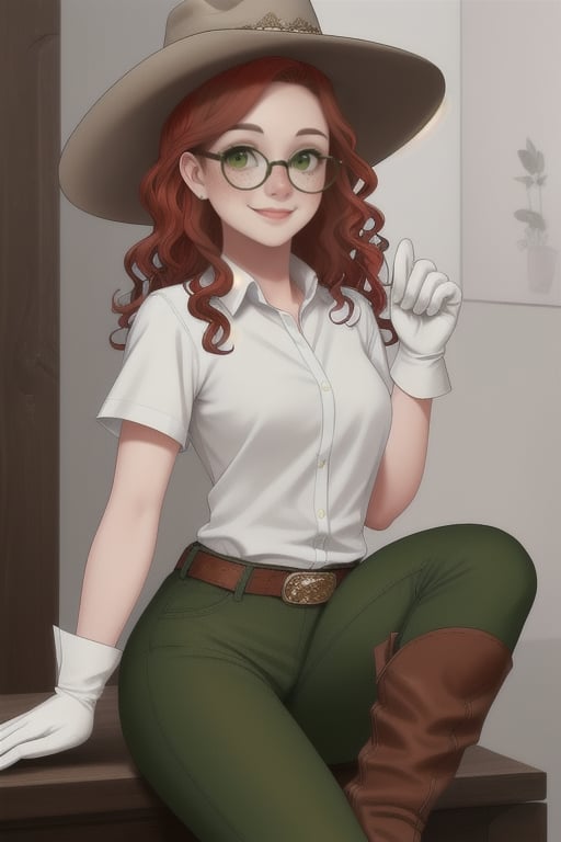 Beautiful white slim young woman with red wavy hair and 
freckles around her nose and cheeks with gree olive eyes dressing a fancy western clothes with green pants brown boots  gloves and western hat and white rolled up shirt with glasses with a little smile 