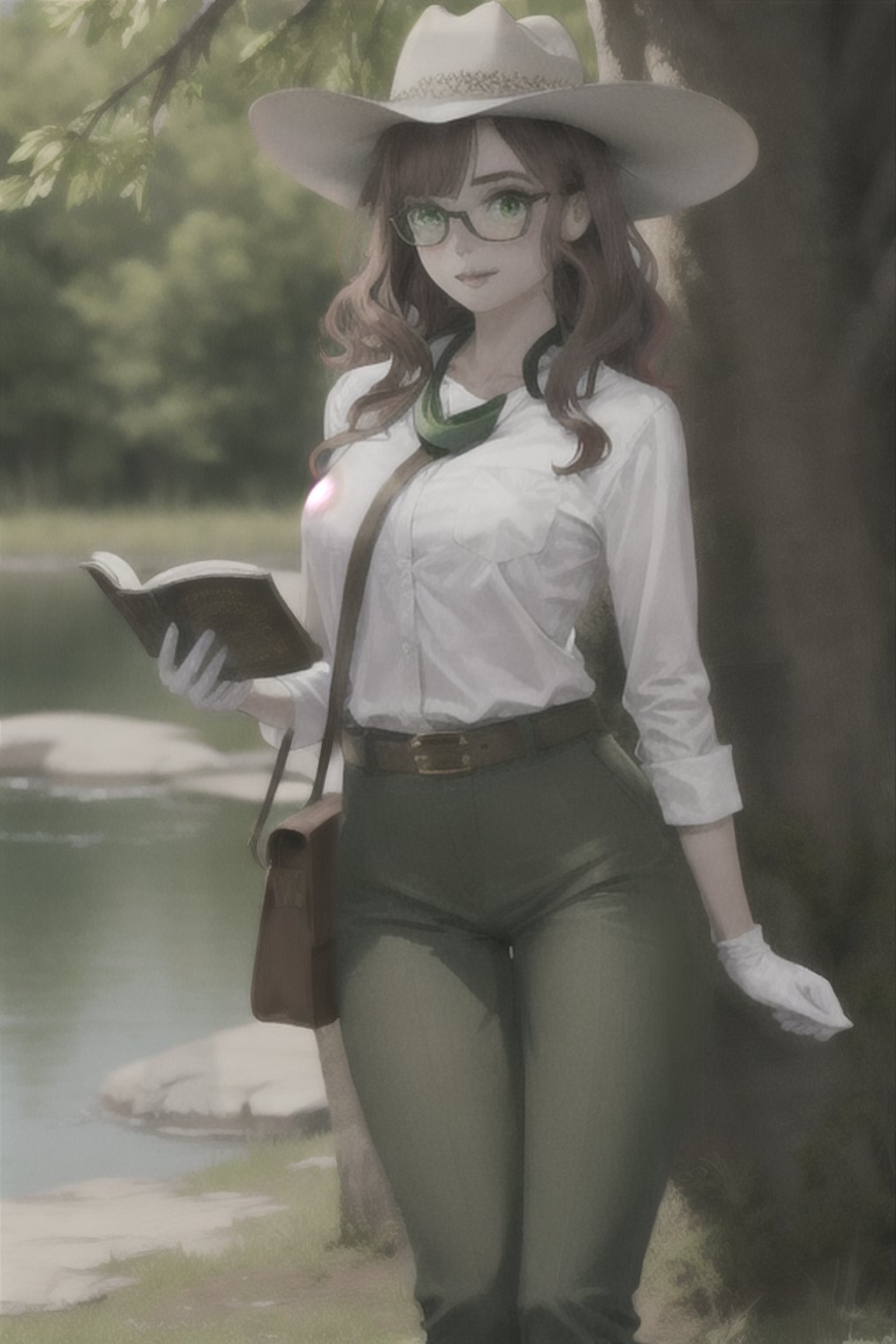 Beautiful white slim young woman with red-clair wavy hair and 
freckles around her nose and cheeks with green olive eyes dressing a fancy western clothes with  brown boots, green olive hat, green olive pants, green olive gloves and a white rolled up shirt with a little brown handkerchief around her neck wearing glasses and having old western bag hanging from her shoulder and little bags on her belt reading a book under a tree near a little lake 