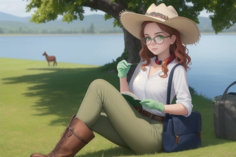 Beautiful white slim young woman with red-clair wavy hair and 
freckles around her nose and cheeks with green olive eyes dressing a fancy western clothes with  brown boots, green olive hat, green olive pants, green olive gloves and a white rolled up shirt with a little brown handkerchief around her neck wearing glasses and having old western bag hanging from her shoulder and little bags on her belt reading a book under a tree near a little lake while theres a gray-spotted horse near her grazing