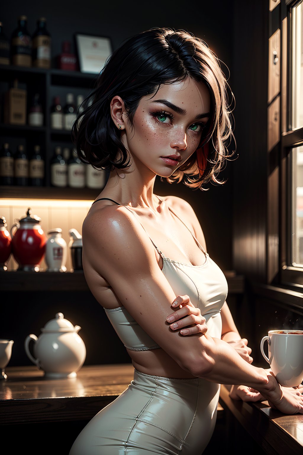 an awarded photo, 1girl, asian beauty, small nose, delicate freckles, alabaster white skin, big green eyes, black brows, black long wawing hairstyle, red highlights, posing, time magazine, in modern cafe, dynamic pose, cinematic lights, cowboy shot, Bokeh, deep of field, 