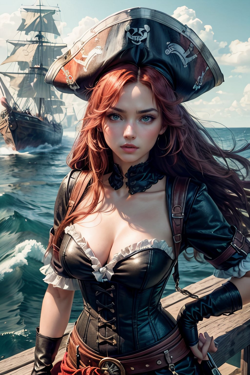 analog style, photo of a girl, (1girl, pirate girl), ((red long hair)), ((pretty  face: 1.7, perfect face:1.5)), strong wind, ((green eyes)), (hemp), red cloth, pale skin, tanned skin, leather pants, corset, pirate clothes, pirate hat, (musket in hand), belts, pirate ship, sea, battle, war, action, 
8k, 3d, (best quality:1.5, hyperrealistic:1.5, photorealistic:1.4, madly detailed CG unity 8k wallpaper:1.5, masterpiece:1.3, madly detailed photo:1.2), (hyper-realistic lifelike texture:1.4, realistic eyes:1.2), (octane render, unreal engine 5) 