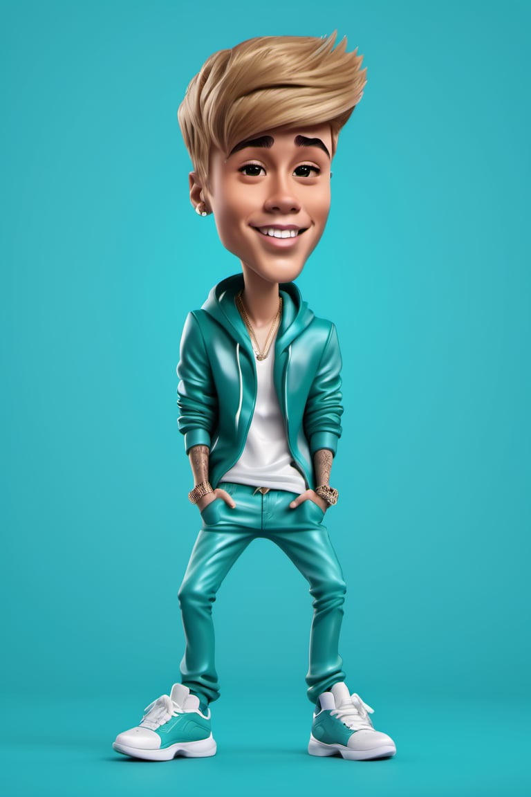 Caricature figure of Justin Bieber, head, legs, feet, teal dimentional background, high-res