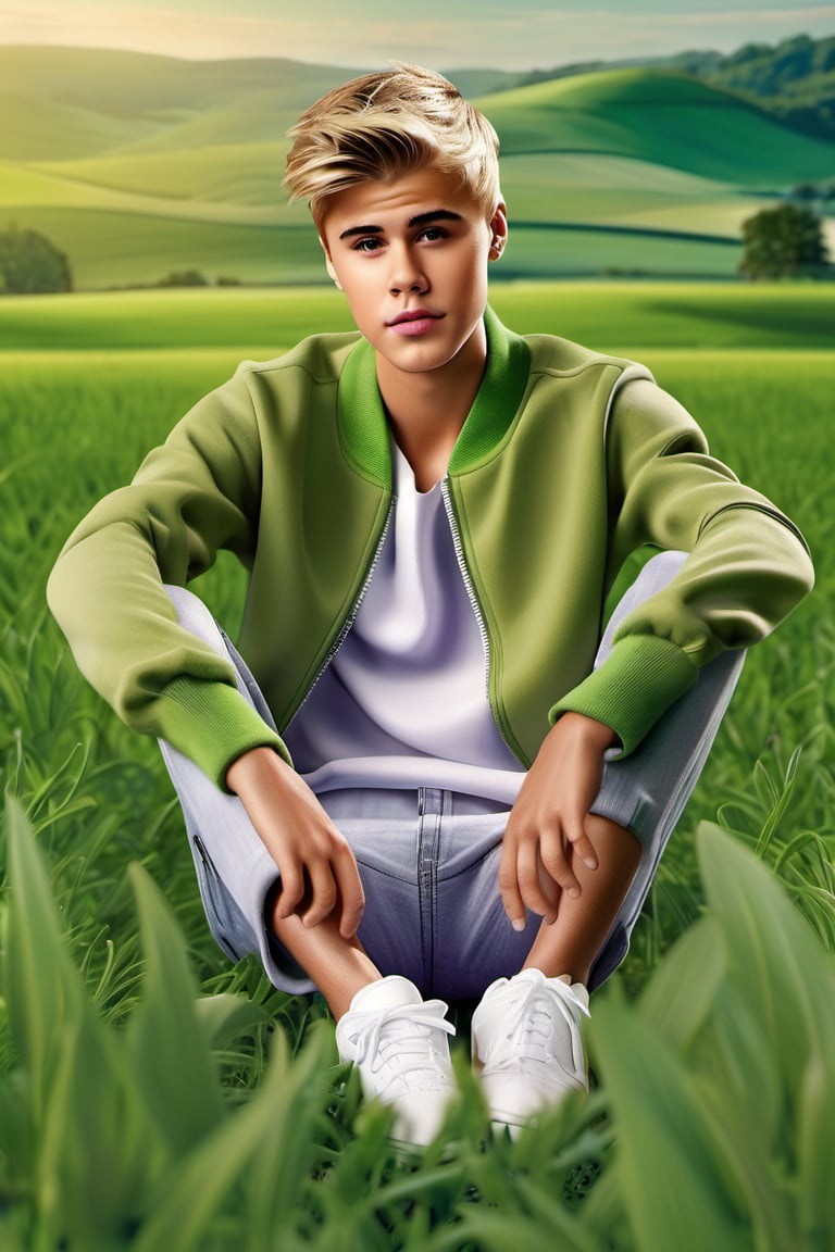 Photo Realistic figure of Justin Bieber, head, legs, feet, green fields background, high-res, HD,