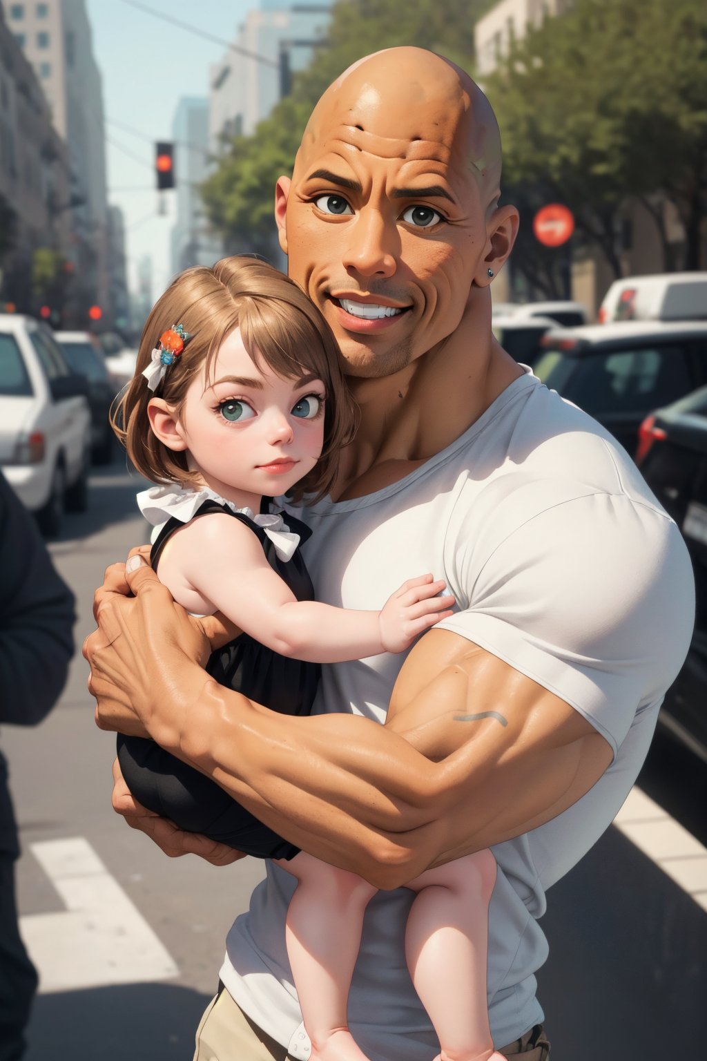 make the image of dwayne johnson (the rock) being the boyfriend of emma stone they must carry in their arms a rock dressed as a baby, do it in hyperrealistic photo version