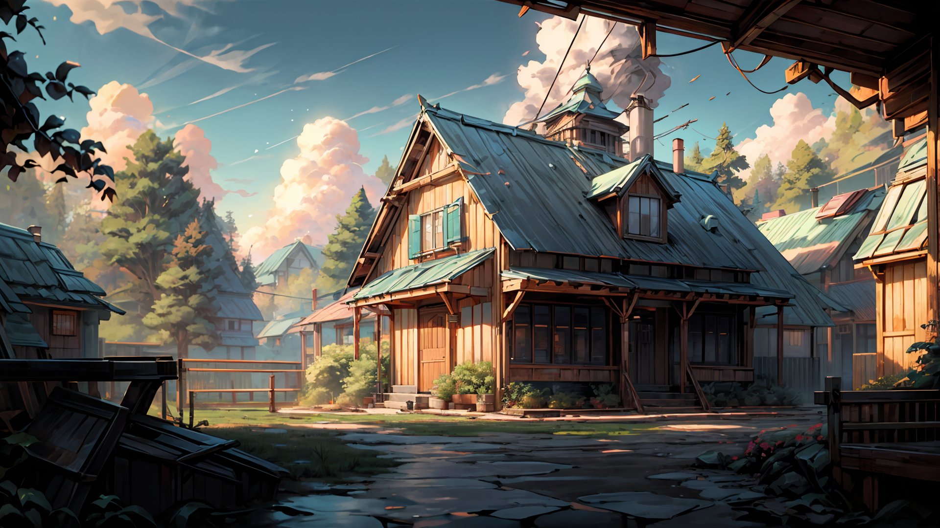 a single house, beautiful house, trees, forest, small Stone Entrances farm, Cloud,Sky,Green,Natural landscape, day time, heavenly cloudy,Makoto Shinkai anime style,ghibli style,