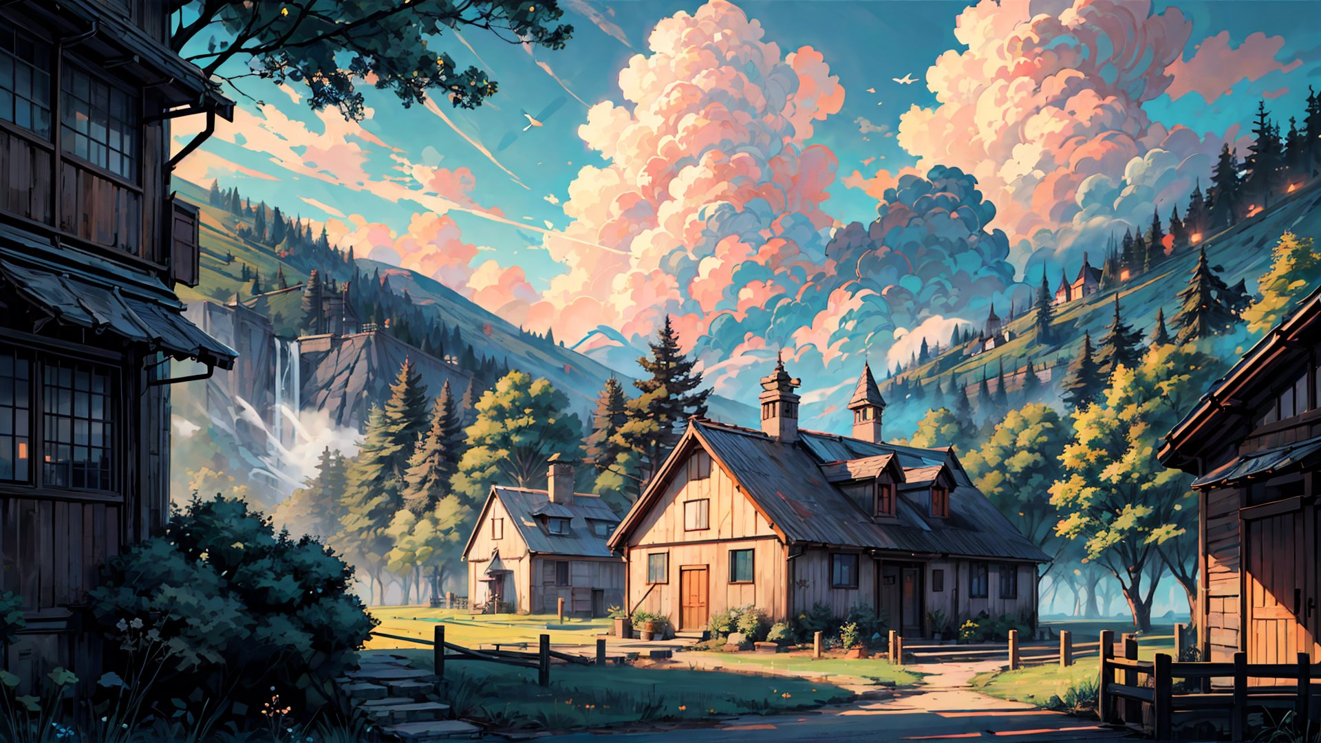 beautiful village house, chill vibe, trees, forest, small Stone Entrances farm, Cloud,Sky,Green,Natural landscape, day time, heavenly cloudy,Makoto Shinkai anime style,ghibli style,