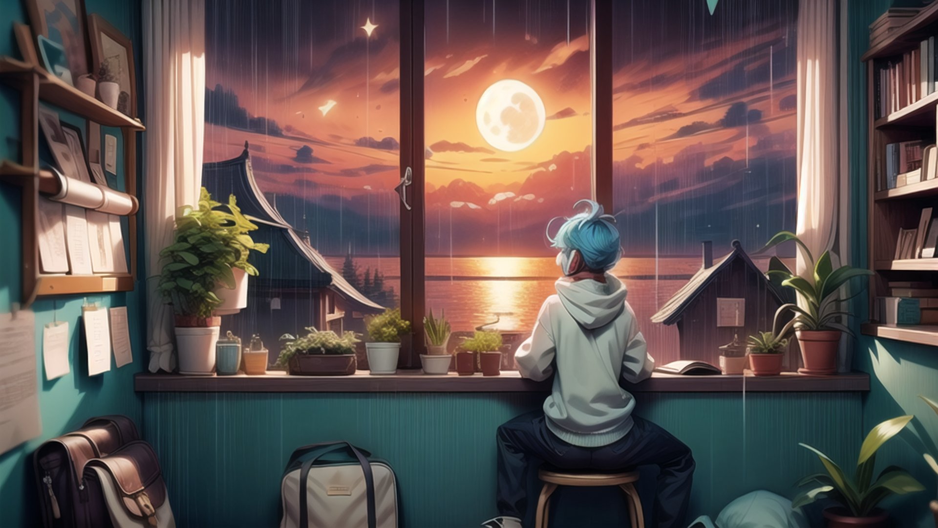 a cute girl, sit with headphone, study room, lofi,bookshelf, bag, blue hair,detail eyes, anime, hood, hoodie, lofi style, long sleeves, moon, plant, potted plant, scenery, shelf, shooting star, short hair, sitting, sky, solo,sunset, window,rainy season, rain outside window