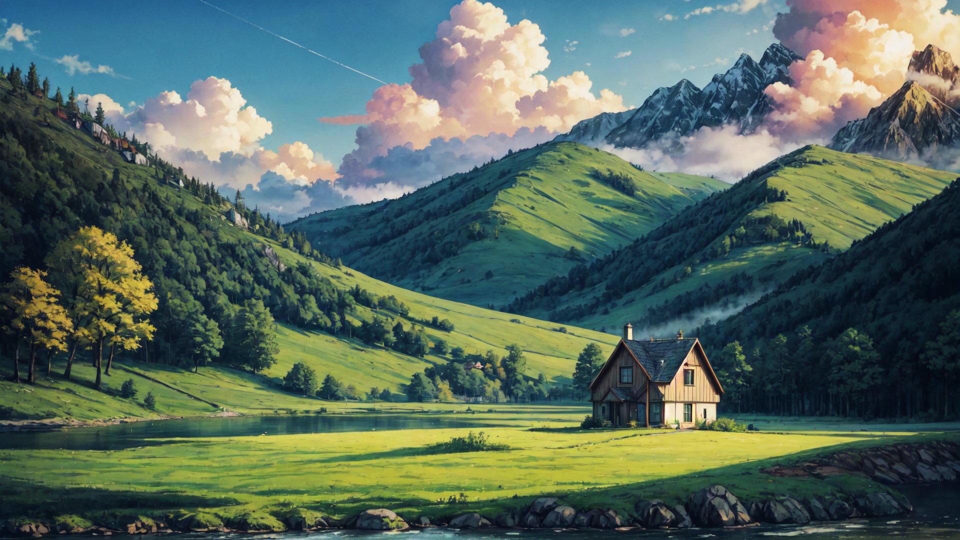 masterpiece, best quality, high quality, with a small house,Cloud,Sky,Ecoregion,Green,Natural landscape,World,Nature,forest,Highland, plant, birds, scenery, day time, lofi style