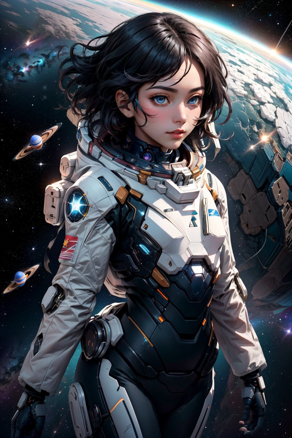 Masterpiece, Best Quality, High resolution, Ultra-detailed, Dark Night, Constellation, planets, Galaxies, space tourists exploring alien landscapes, marveling at stunning cosmic phenomena, and experiencing weightlessness in zero gravity.,机甲少女
