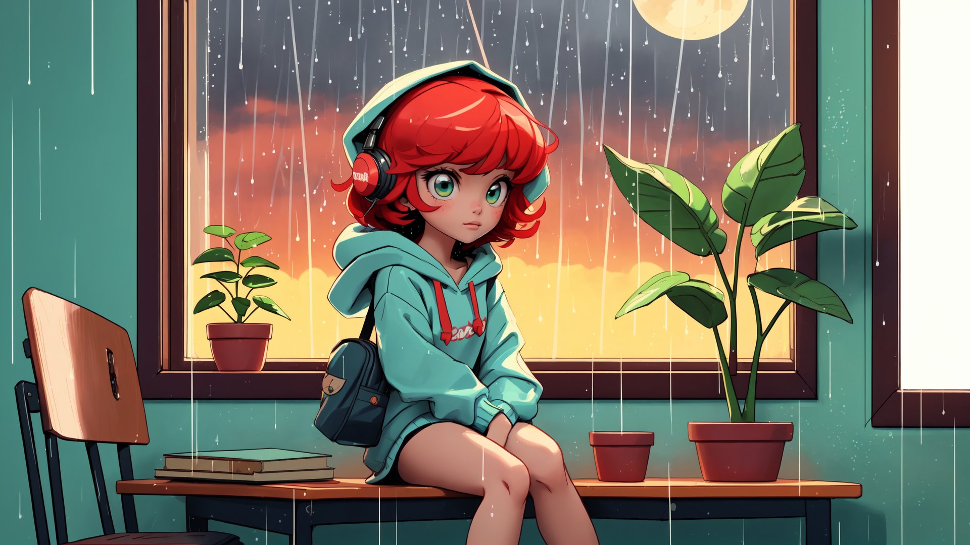 a cute girl, sit with headphone, study room, lofi,bookshelf, bag, red hair,perfecteyes,anime, hood, hoodie, lofi style, long sleeves, moon, plant, potted plant, scenery, shelf, shooting star, short hair, sitting, sky, solo,sunset,  window,rainy season, rain outside window 