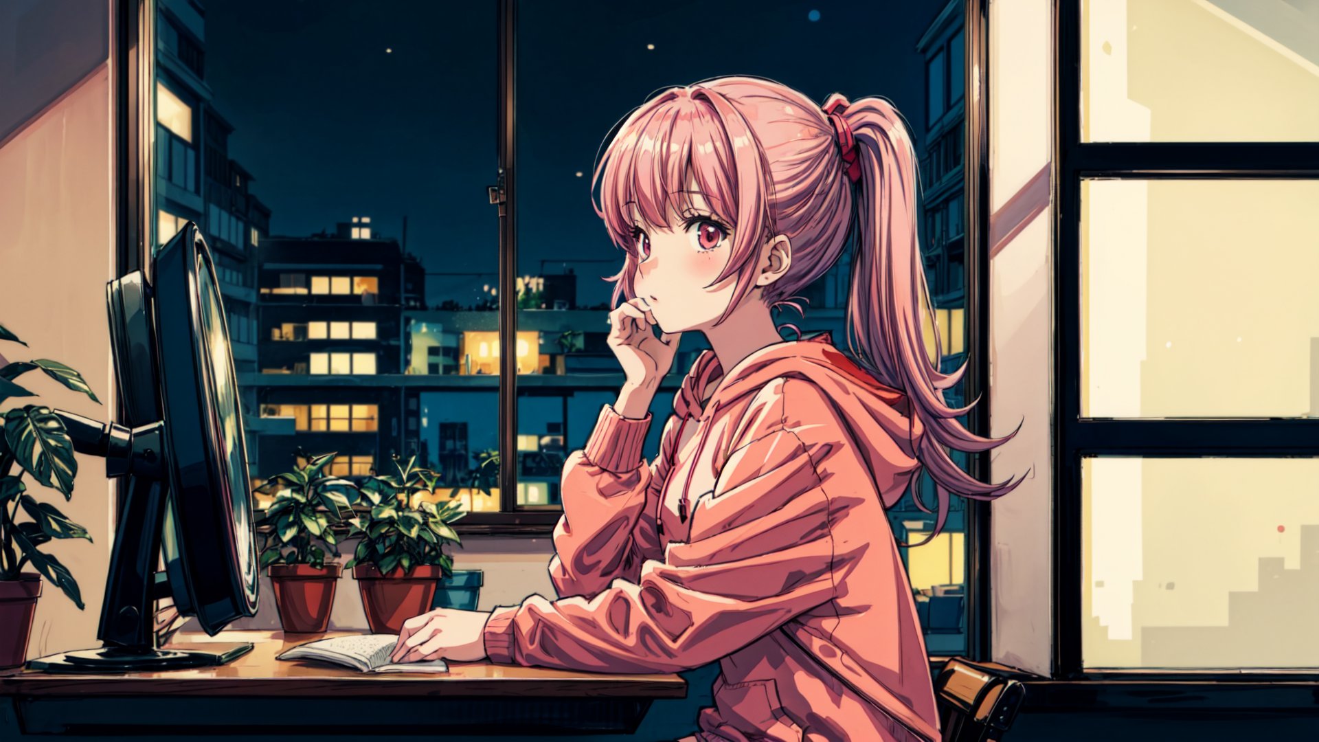 a cute girl, sit with headphone, study room, lofi,bookshelf, bag, pink hair, anime, hood, red hoodie, lofi style, long sleeves, plant, potted plant, scenery, shelf, night time, long hair, pony tail,sitting, solo, with cat,  window, wide angle lens, 