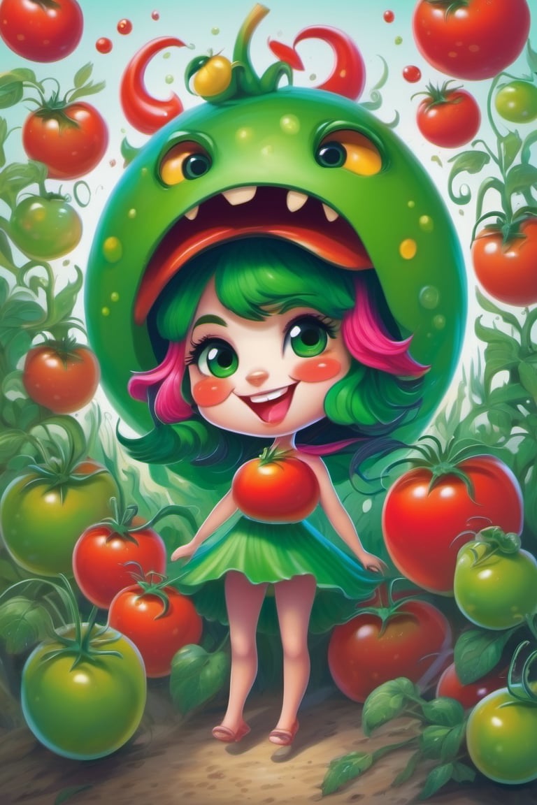 master piece, Cute, tomato, lady, monster, cute character, vivid colour, Energetic, Sparkling eyes, green color, Cheerful smile