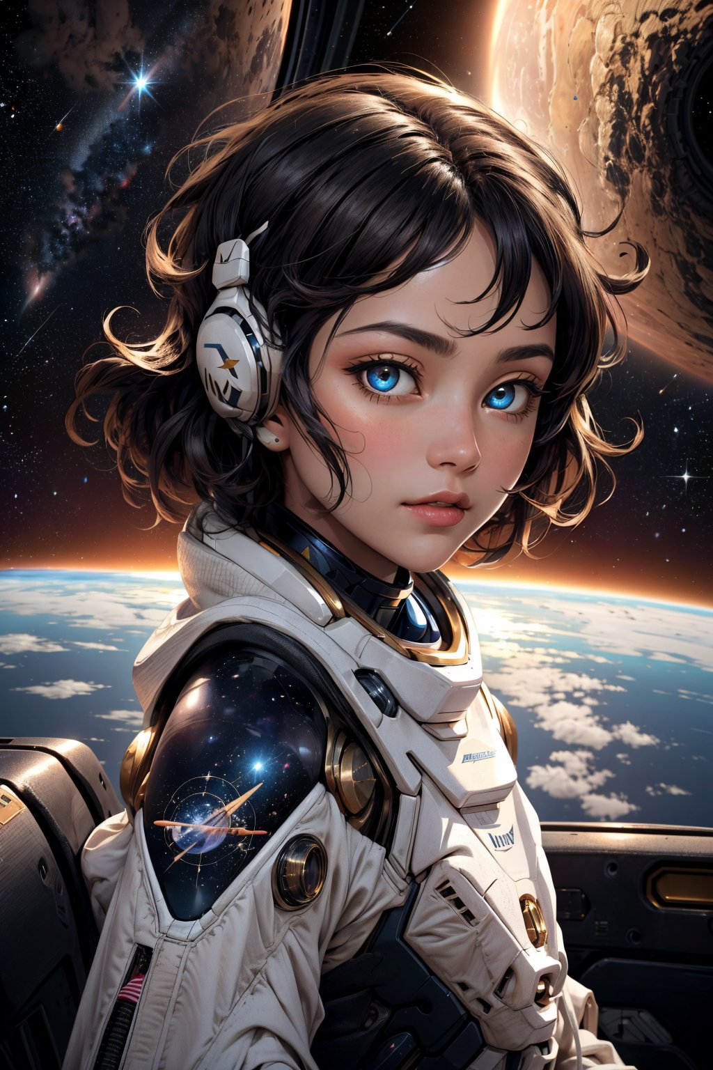 Beautiful_woman, Mecha_suit, Watching, Gazing, Blackhole, from space shuttle, stGalaxy, Space_adventure, Futuristic, Stellar_wonder, Cosmic_beauty, Astronomical, Sci-fi, Enigmatic, Captivating, Celestial_watcher, Space_explorer, Star_gazer, Extraterrestrial, Mesmerizing_view, Unearthly, Interstellar_journey.