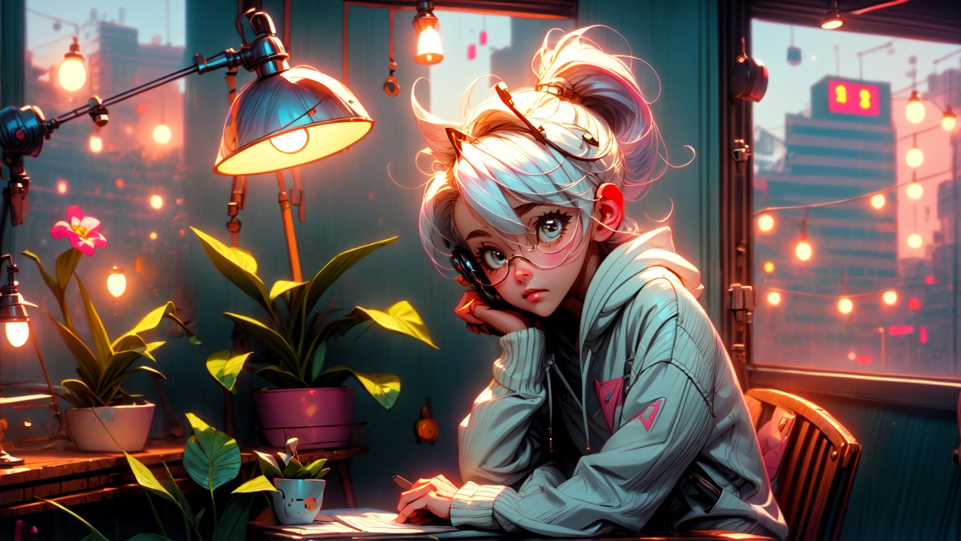 a cute girl, sit with headphone, study room, lofi,bookshelf, bag, white hair, anime, hood, blue hoodie, lofi style, long sleeves, plant, potted plant, scenery, lamp, shelf, night time, long hair, pony tail,sitting, solo, with cat,  window, wide angle view,anime