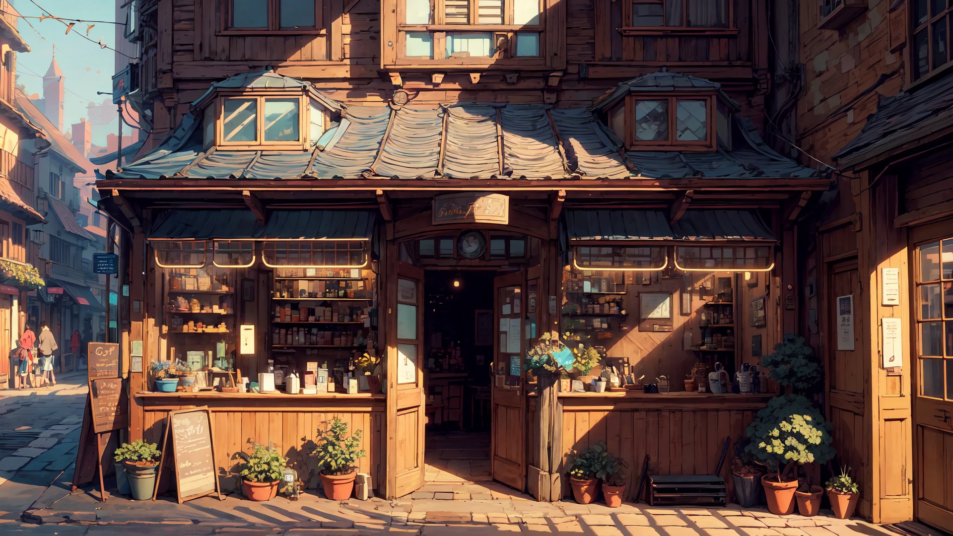 masterpiece, best quality,small cafe, medieval era, from inside view, viewer looking outside the glass, detail interior,beautiful street, detail perspective, 2 point perspective, day time, local shops, Studio Ghibli, Makoto Shinkai anime style