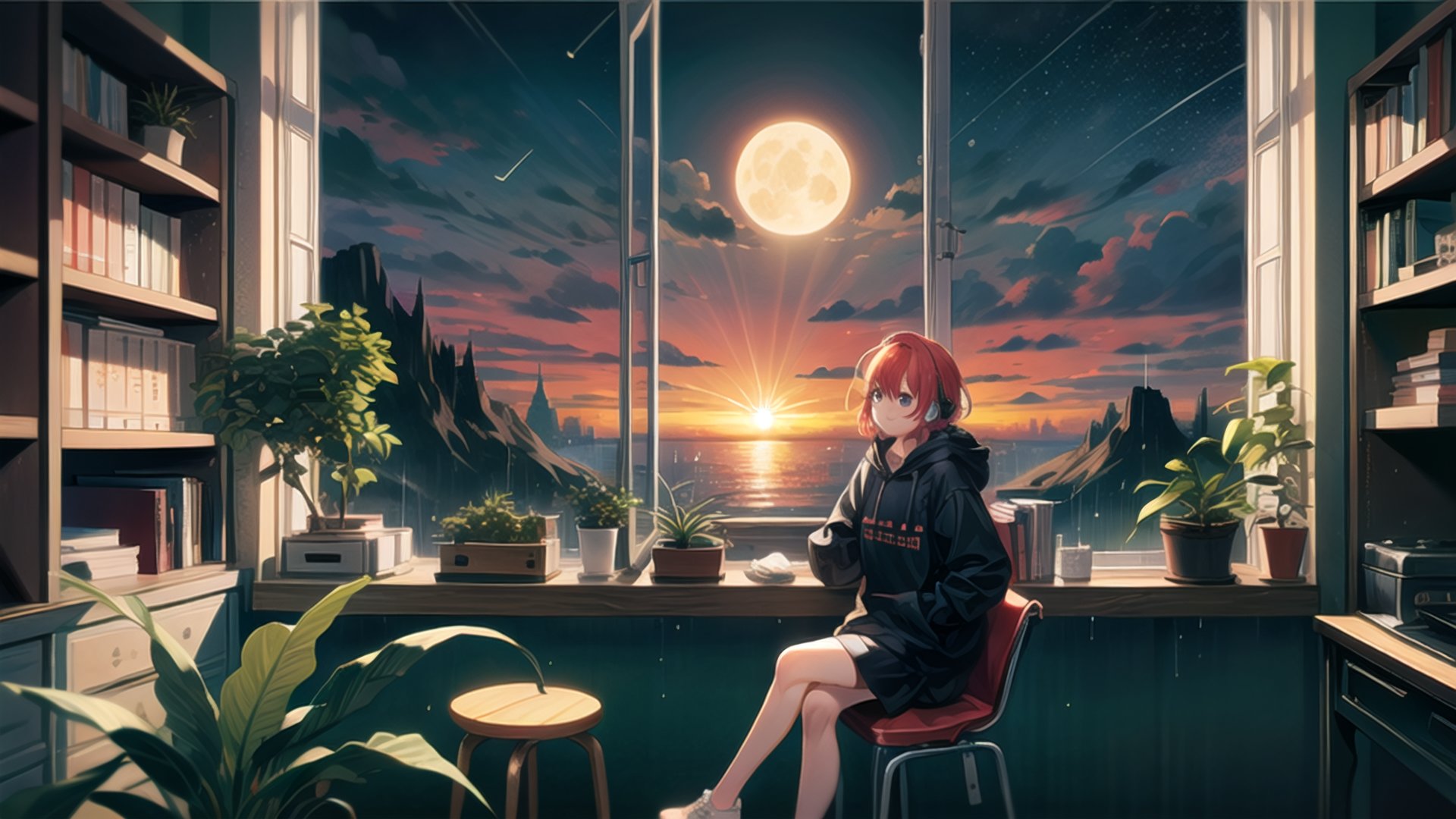 a cute girl, sit with headphone, study room, lofi,bookshelf, bag, red hair,perfecteyes,anime, hood, hoodie, lofi style, long sleeves, moon, plant, potted plant, scenery, shelf, shooting star, short hair, sitting, sky, solo,sunset, window,rainy season, rain outside window