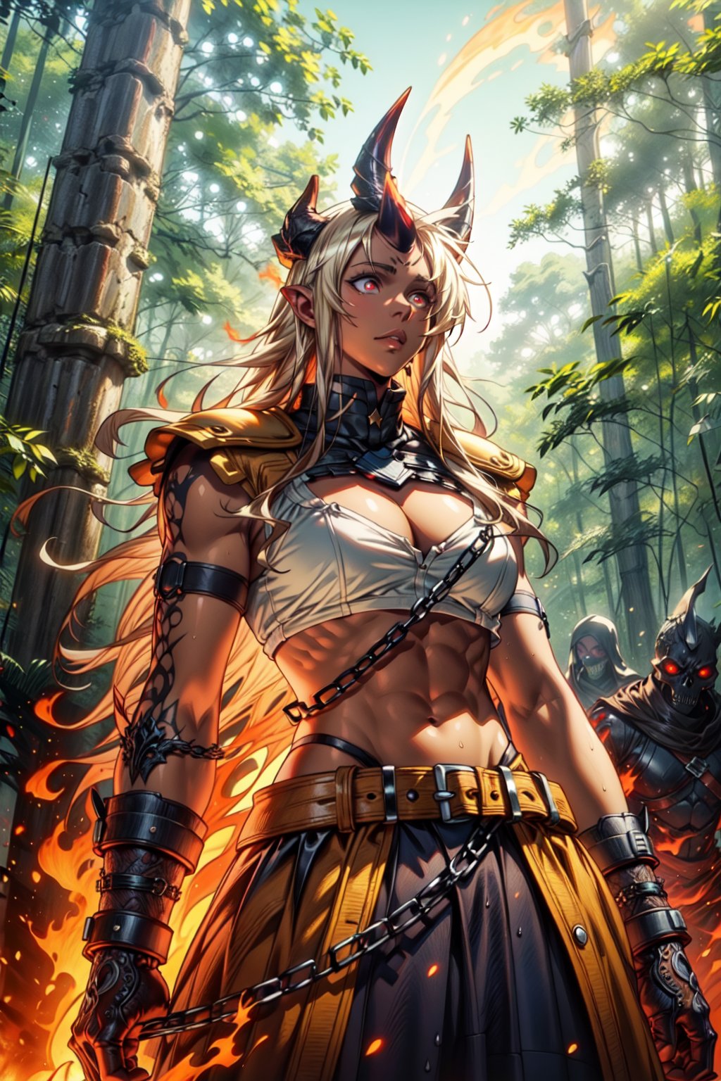 (Best quality:1.2),(masterpiece:1.3), (absurdres:1.0), (hyper-detailed:1.2), giants, one horn on the head, muscular, perfectly shaped body, multicolored fire hair, skull face, growing red eyes, chains adorn the wrists, wearing barbarian outfits, in a forest at night, magic circle of star-shaped fire, with orange and blue colors emphasized ,tionishia,Splash