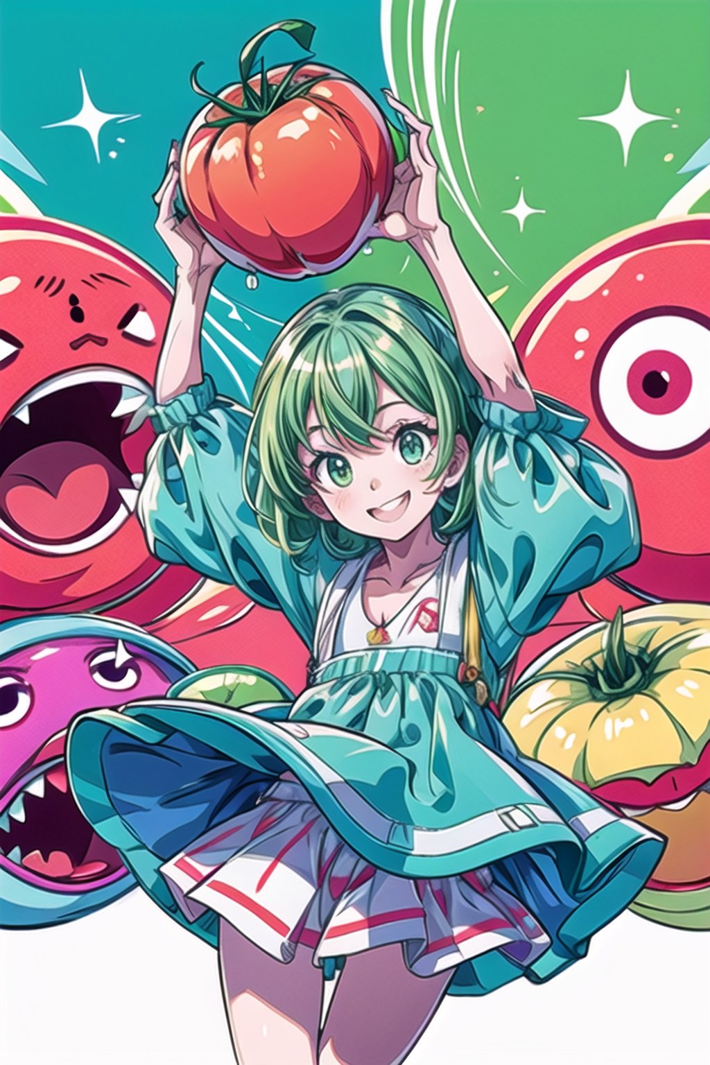 master piece, Cute, tomato, monster, cute character, vivid colour, Energetic, Sparkling eyes, green color, Cheerful smile
