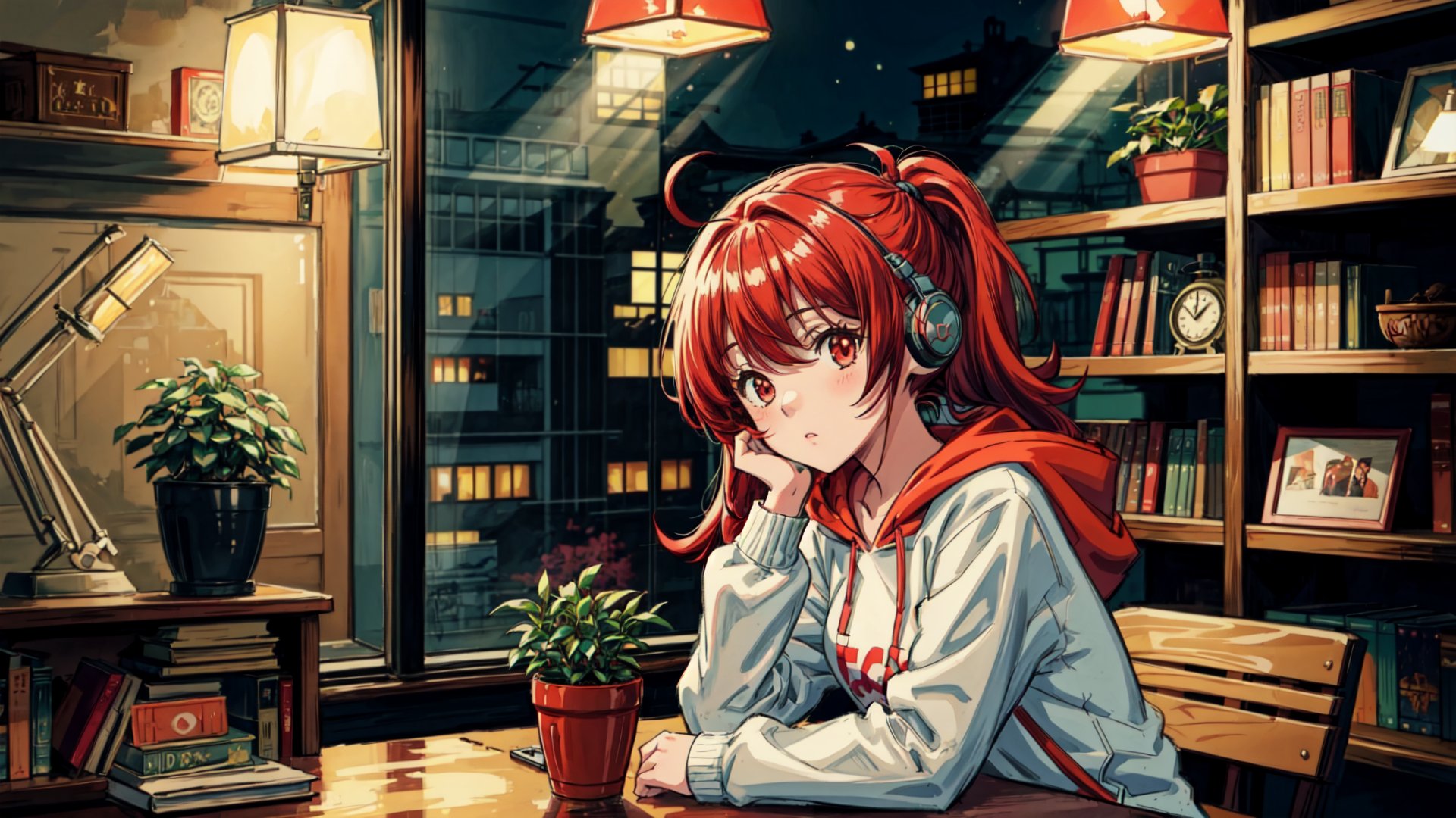 a cute girl, sit with headphone, study room, lofi,bookshelf, bag, red hair, anime, hood, hoodie, lofi style, long sleeves, plant, potted plant, scenery, lamp, shelf, night time, long hair, pony tail,sitting, solo, window