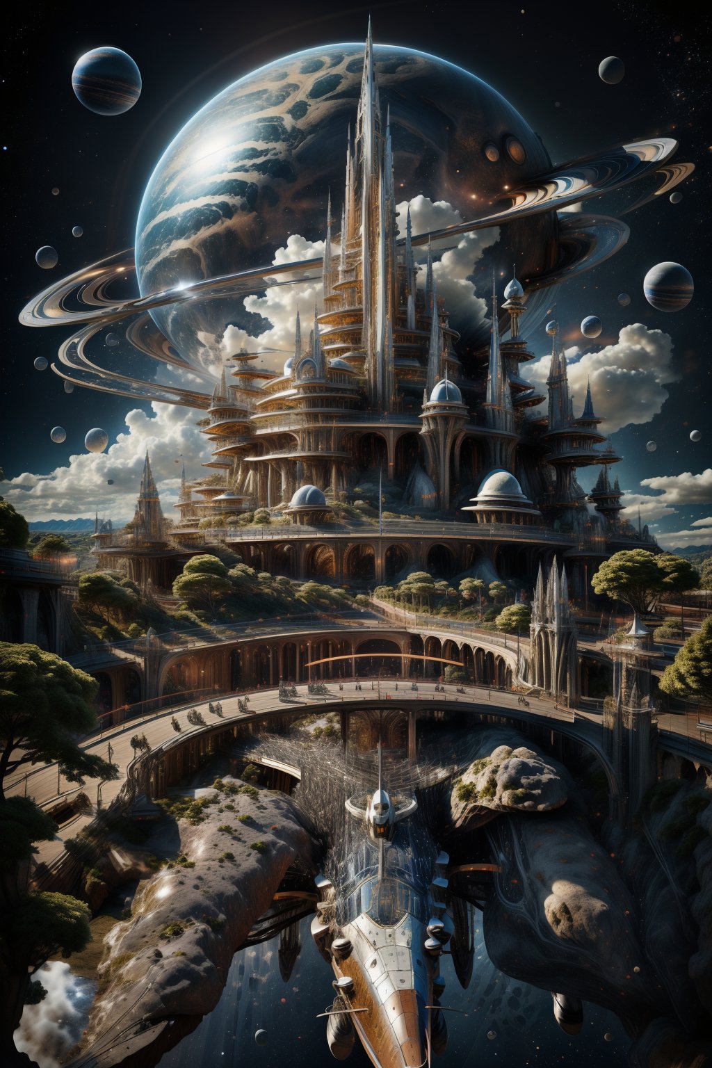 an opens wormhole,detailed, outer space , huge 17th century sailboat, planets, World, Light, explorer, hyperrealistic, mecha space ship as gaurds,mecha,BJ_City_of_Wisdom